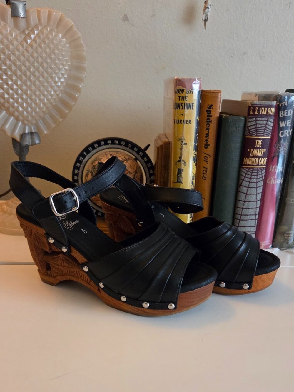 Souvenir with ankle strap hand-carved wood wedge by Lucky Lou Shoes